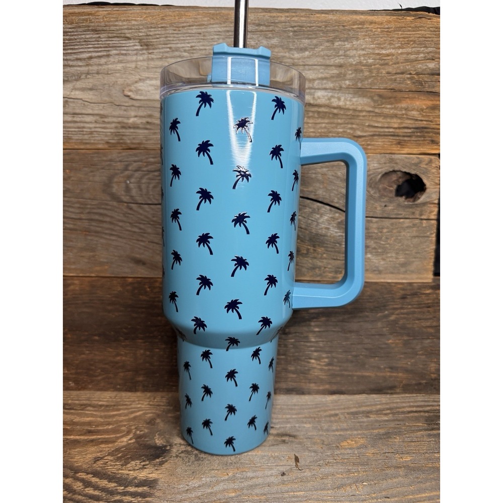 🥤 Siesta 40 oz Tumbler with Handle + Metal‎ Straw – Blue + Palms | MSRP = $30